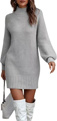 Produktbild von ASKSA Damen Strickkleid Rollkragen Pullikleid Elegant Pulloverkleid Freizeit Midikleid Tops, Grau, L