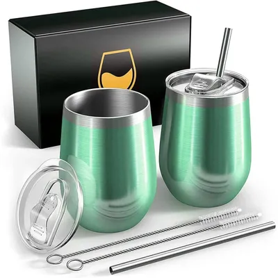 Productafbeelding van RVS wijnglazen voor onderweg, 2 stuks, 12 oz, vacuümgeïsoleerd, BPA-vrij, groen