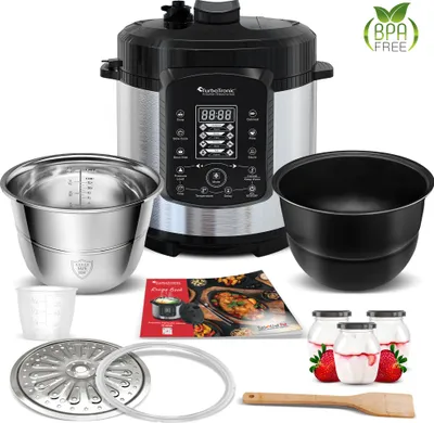 Produktbild von TurboTronic Druckkochtopf 6L mit 2x Topf Edelstahltopf und beschichtet, Edelstahl Dampfgarer, PLASTIKFREI, Multikocher, elektrischer Schnellkochtopf, Reiskocher, Dampfkochtopf Silber