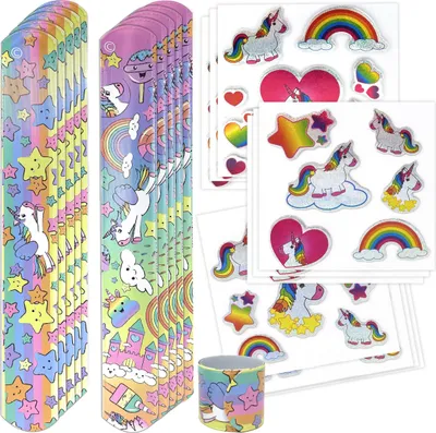 Produktbild von Einhorn Schnapparmband Sticker Set - Knickarmbänder und Aufkleber Unicorn 10er Set | Klatscharmband für Mädchen Kindergeburtstag Mitgebsel | Armband Kinderparty Giveaway Gastgeschenk