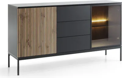 Productafbeelding van Kommode Sento Ksz154, dressoir, 154x83x83 cm, 2 deuren, 3 lades, LED-verlichting, zwart/wotan eikenhout