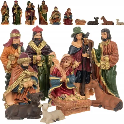 A nativity scene with multiple figures, including Mary, Joseph, wise men, and animals.