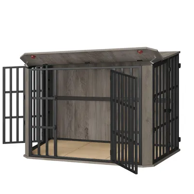 Produktbild von Hundekäfig Möbel, Hundebox Möbel, Mehrtür-Design, Hell Elfenbein | Hundebox aus Holz für den Innenbereich mit Futtertür Oben