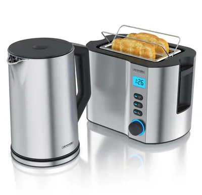 Produktbild von Arendo Frühstücks-Set Edelstahl, Wasserkocher Toaster Set, Wasserkocher mit Temperatureinstellung 1,5l, Toaster 2 Scheiben Kurzschlitz, Brötchenaufsatz, silber