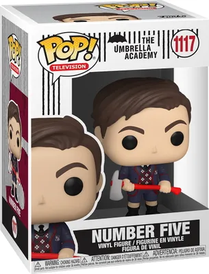 A Funko Pop! vinyl figure of Number Five from The Umbrella Academy, shown in its original packaging.