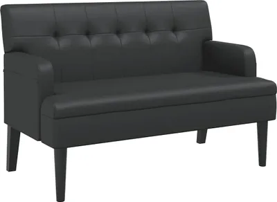 A black loveseat with tufted backrest and wooden legs, shown from a three-quarter front view against a white background.