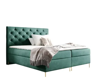 Produktbild von Sofello Boxspringbett 180 x 200cm 2x Bettkasten TOPPER 5cm Gratis Grün Velour hohe goldene Beine
