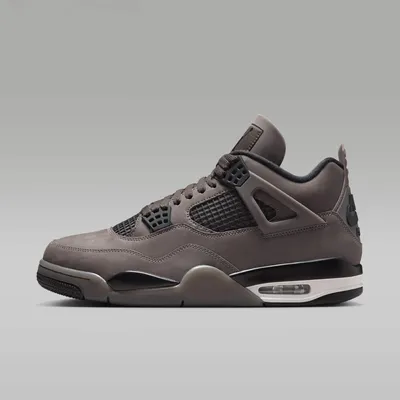 A side view of a single Nike Air Jordan 4 Retro sneaker against a plain gray background.