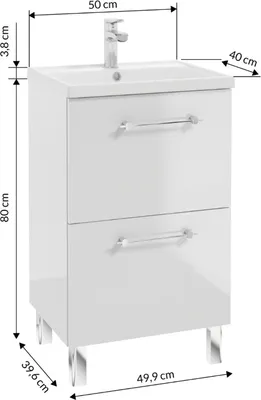 A white bathroom vanity with a sink and faucet, showing dimensions.