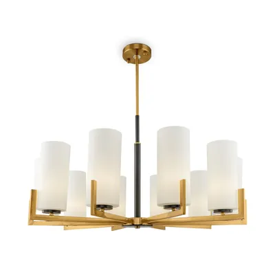 Produktbild von Kronleuchter Metall Glas 86 cm breit in Messing Weiß Schwarz E27 10-flammig Modern Lüster Deckenleuchte