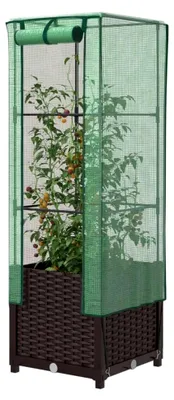 Produktbild von Hochbeet mit Gewächshausaufsatz in Rattan-Optik 40x40x139 cm, Palettenrahmen, Hochteich, Gemüsebeet, Kräuterregal für Balkon, Blumenbeet, Kräuterspirale, Tomatenbeet, Pflanzhochbeet