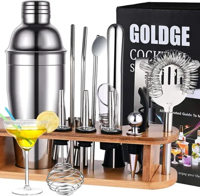 Productafbeelding van Cocktailshakerset - 17-delige barman-set van roestvrij staal - Baraccessoires met 750 ml shaker - Bamboehouder - Dubbelzijdige jigger - Pourer
