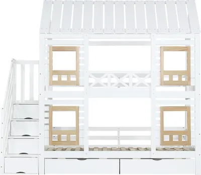 Produktbild von Etagenbett 90x200cm Ohne Matratze Weiss Naturbelassen Stauraumbett Kiefer MDF Fenster Fallschutzgitter Zwei Schubladen Treppe Mit 4 Ablagefaechern