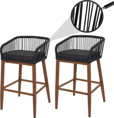 Produktbild von 2er-Set Rope-Barhocker HWC-O22, Outdoor Sitzpolster Seilgeflecht Metall Holz-Optik  anthrazit, Kissen dunkelgrau