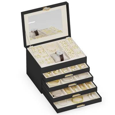 Produktbild von ADEL DREAM 5-stöckige Schmuckkästchen mit Kleeblatt-Knopf Schmuckaufbewahrung mit ausziehbarem Tablett Schmuck Organizer mit großem Spiegel