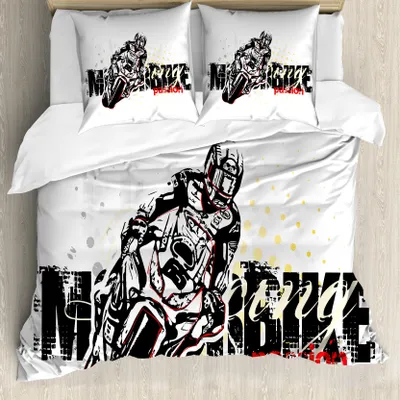 Produktbild von ABAKUHAUS Motorrad Bettbezug, Grungy Rennen Leidenschaft, Milbensicher Allergiker geeignet mit Kissenbezügen, 155 cm x 220 cm - 80 x 80 cm, Schwarz Gelb