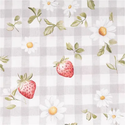 Produktbild von Baumwollstoff Meterware Popeline Stoff Erdbeeren Karos Blumen grau rot 140cm weiß