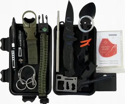 Produktbild von Survival-Set in Box, Outdoor-Notfallset mit Multitool, Taschenlampe, Messer und Feuerstahl