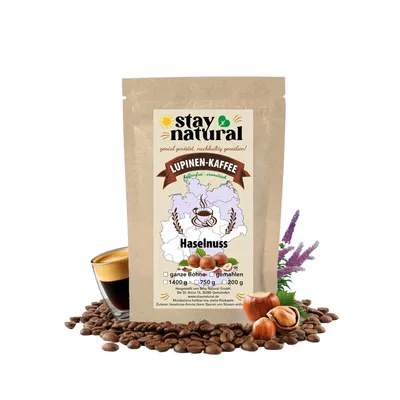 Produktbild von Stay Natural Lupinen Kaffee Ganze Bohnen 200g – Koffeinfreier Kaffee, natürliche Kaffeealternative aus deutschen Süßlupinen, dunkel geröstet, vegan & glutenfrei, Geschmack Haselnuss