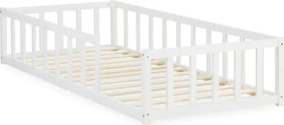 Image de Lit D'Enfant 90x200 cm Lit Montessori avec Barriere en Bois Blanc Lit au Sol Bebe Lit Bas Lit Simple