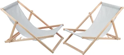 Two light gray deck chairs made of wood are shown against a white background.