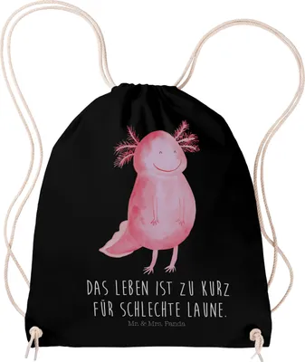 Produktbild von Mr. & Mrs. Panda Stoffbeutel Axolotl Glücklich - Schwarz - Geschenk, Gute Laune, Jutebeutel, Lebensfroh, leichter rucksack, Motivationsspruch, Lurch, Turnbeutel, Säckchen