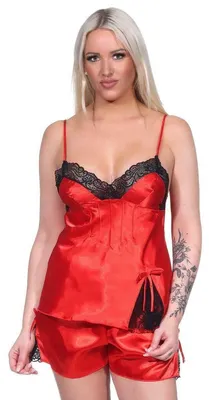 Produktbild von Damen Satin Nachtwäsche Pyjama Set Shorty Satin mit Spitze; Rot/S/36