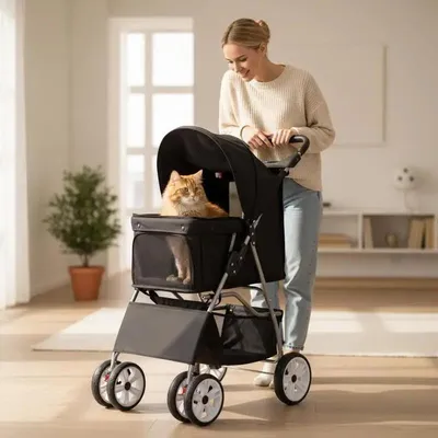 Obrázek produktu pro Kočárek pro psy a kočky, čtyřkolový, do 15 kg