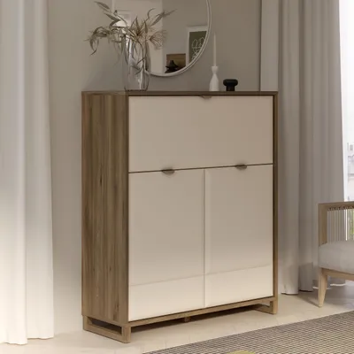 Obrázek produktu pro Forte MAREDA Komoda, rozměry 115 cm, vysoká komoda se 2 dvířky a 1 výklopným přihrádkou, barva: kašmír