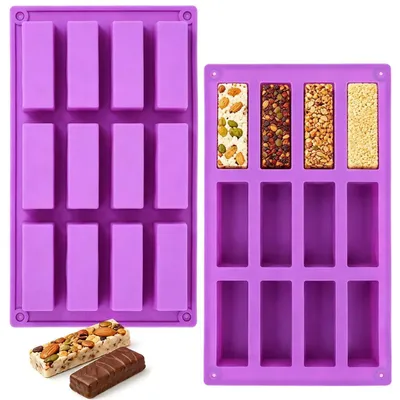 Image de Moules en silicone pour barres de céréales, lot de 2, dimensions 29,7 x 17,2 cm, 12 cavités, rectangulaires, antiadhésives