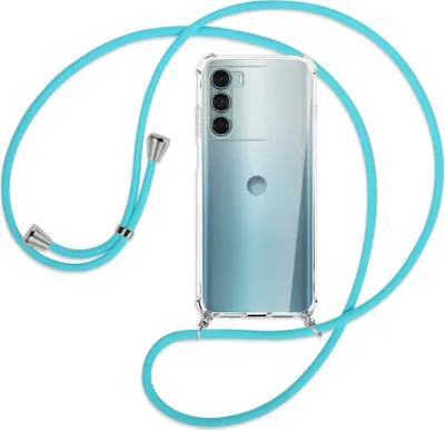 Produktbild von Handykette Backcover-Schutzhülle mit Band (Metall silberfarben) für Motorola Moto G200 5G - türkis