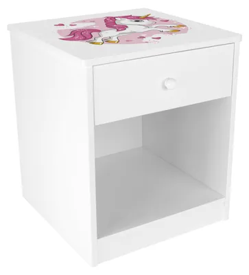 Produktbild von Kompakter Nachttisch mit Schubladen, in Weiß und Rosa, mit Einhorn-Design