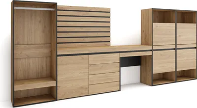 Produktbild von Schuhregal, Schuhschrank, 357x35x145 cm, Für Schlafzimmer, Offener Kleiderschrank, Kommode mit Schubladen, Lamellenwand Holz, Schminktisch, Eiche