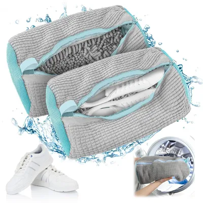 Image de Sacs de lavage pour chaussures, compatibles avec les machines à laver, lot de 2, couleur grise, anti-déformation, avec fermeture éclair