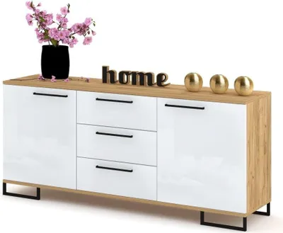 Produktbild von Euro Style Kommode mit Schubladen und 2 Türen Schrank Sideboard Tv Schrank für Wohnzimmer/Schlafzimmer Schubladenkommode 150x68,5x40 cm, Golden Eiche/Weiß Hochglanz