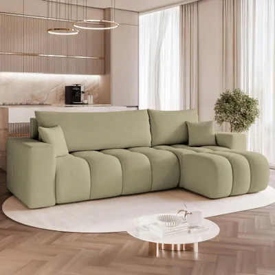 Produktbild von Universelles Ecksofa Liverno L mit Schlaffunktion Centaur 13 Salbeigrün Boucle Bettkasten