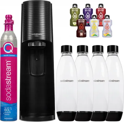 A SodaStream Terra sparkling water maker set with a CO2 cylinder, four reusable bottles, and several flavor syrups.