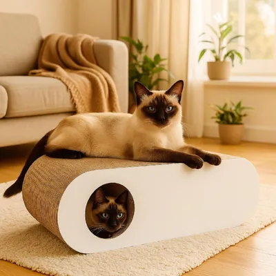 Image de QLS Meuble griffoir 3en1 pour chats Carton ondulé 75×27×29 cm Blanc Griffoir tanière 11365