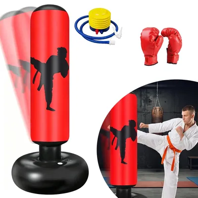 Produktbild von 160 cm Boxsack mit Boxhandschuhen und Pumpe, Zum Üben von Karate und Taekwondo, Geschenkidee für Jungen und Mädchen ab 3 Jahren