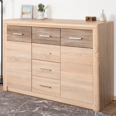 Produktbild von Kommode Mesquite 09, Farbe: Sonoma Eiche hell / Sonoma Eiche Trüffel - Abmessungen: 91 x 138 x 40 cm (H x B x T), mit 2 Türen, 4 Schubladen und 4 Fächern