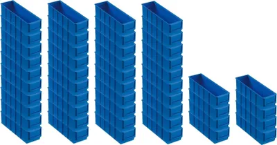Produktbild von SuperSparSet 48x Blaue Industriebox 300 S | HxBxT 8,1x9,1x30cm | 1,6 Liter | Sichtlagerkasten, Sortimentskasten, Sortimentsbox, Kleinteilebox