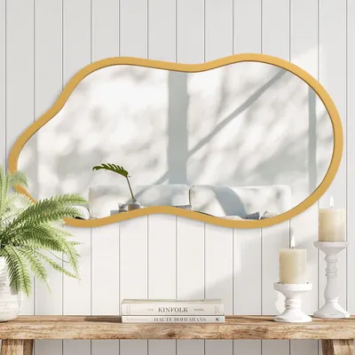 Immagine prodotto di Specchio da parete con cornice in legno, 55x30 cm, color oro, design irregolare, ideale per bagno, camera da letto, soggiorno o ingresso