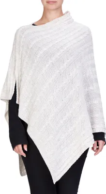 Produktbild von Damen Strick Italy Poncho mit Zopfmuster Strickponcho Überwurf Umhang Grobstrick Creme