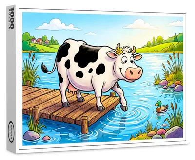 Image de Puzzle haut de gamme Raxxa « Vache au bord d'un lac dans un paysage paisible », 1 000 pièces