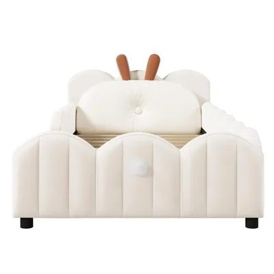 Produktbild von Merax Polsterbett 90x200 cm, mit Kaninchen-Kopfteil, gepolstert, Einzelbett, mit Schutzgeländer, Kinderbett, Jugendbett, Beige