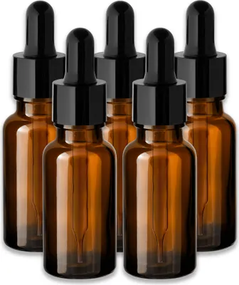 Produktbild von 5x Braune Glasflasche 20 ml mit schwarzer Pipette Apothekerflasche Set