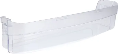 A clear, well-lit studio shot of a single refrigerator door shelf.