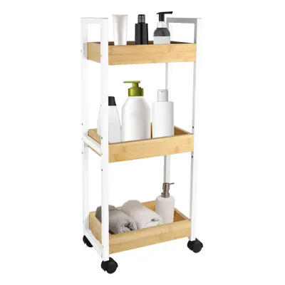 Produktbild von 3 Etagen Bambus Rollwagen,Schmales Regal auf Rollen,Badezimmerwagen Nischenwagen Servierwagen für Bad Küche 20x30x80cm Weiß