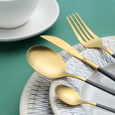 Produktbild von 24-teiliges Besteckset für 6 Personen, Edelstahl, schwarz-gold matt, Waschmaschinenfest