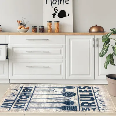Produktbild von Waschbarer Küchenläufer-Teppich mit Kochutensilien und Schriftzug Größe - 100 x 300 cm